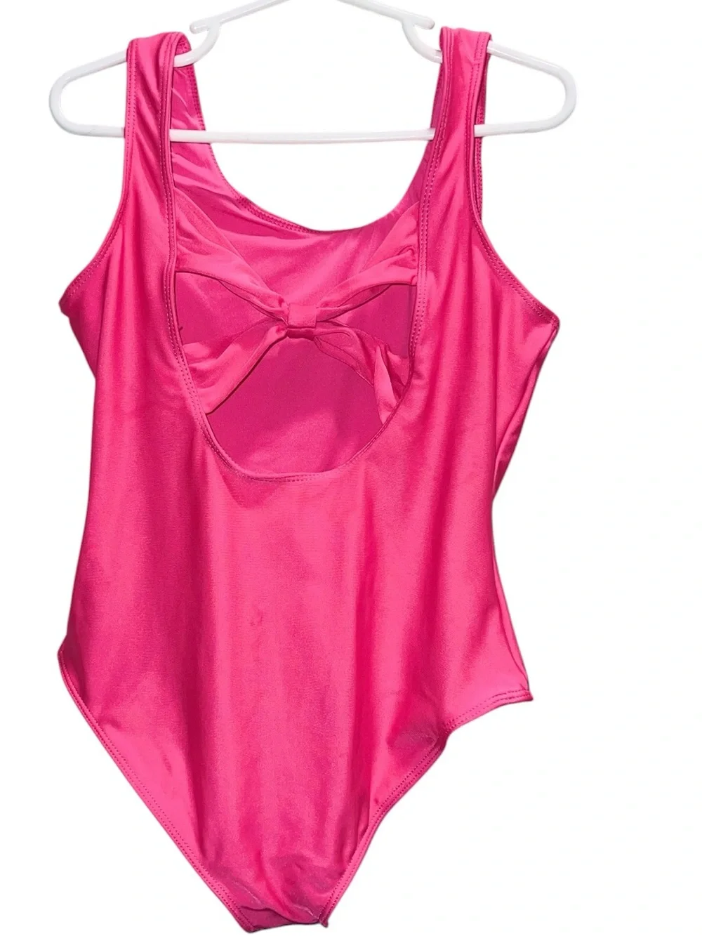 Barbie Girls Pink One Piece Swimsuit Size 7/8 Metallic Logo Bow Back